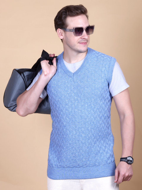 VENATORIA Self Design V Neck Casual Men Light Blue Sweater Buy