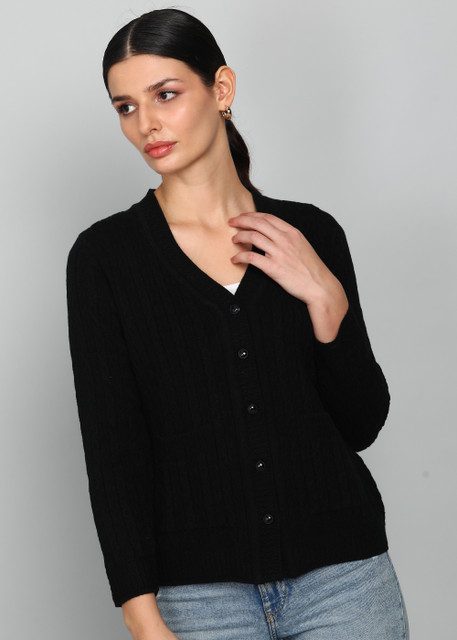 MONTE CARLO Self Design V Neck Casual Women Black Sweater Buy