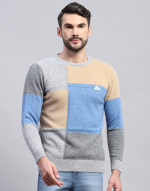 MONTE CARLO Colorblock Round Neck Casual Men Grey, Multicolor
