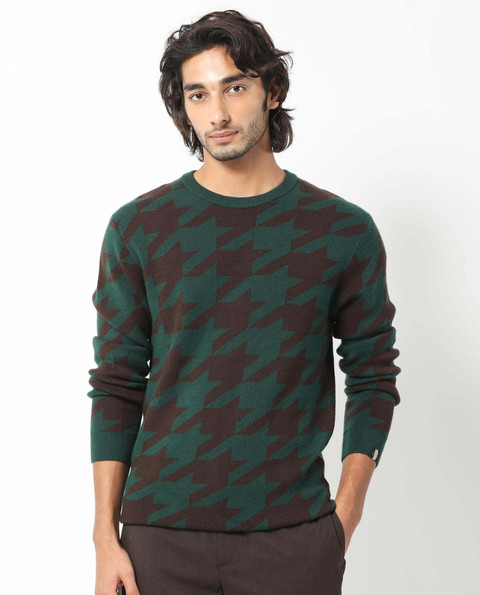 RARE RABBIT Printed Crew Neck Casual Men Green Sweater