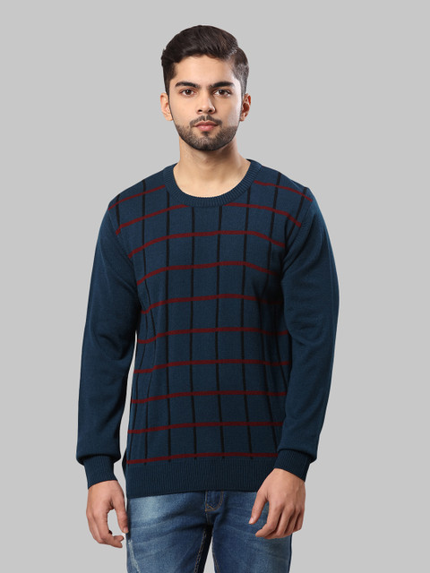 Raymond Self Design Round Neck Casual Men Dark Blue Sweater - Main Image