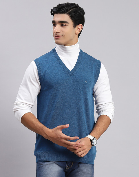 MONTE CARLO Solid V Neck Casual Men Blue Sweater