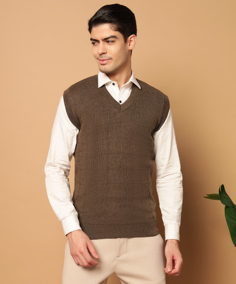 WILLEY Self Design V Neck Casual Men Brown Sweater
