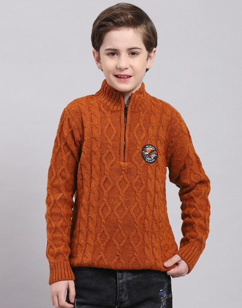 MONTE CARLO Self Design Round Neck Casual Boys Brown Sweater