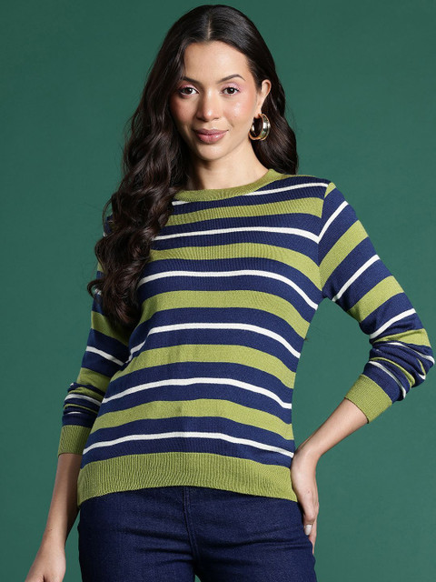 Dressberry Striped Round Neck Casual Women Green, Blue, White
