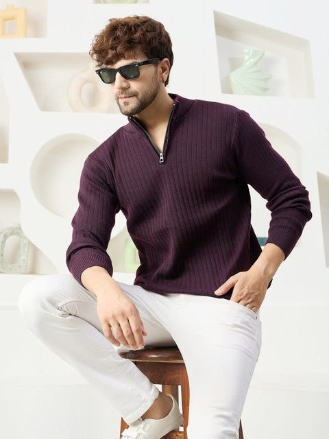 KVETOO Self Design High Neck Casual Men Purple Sweater