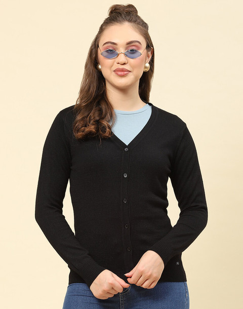 MONTE CARLO Solid V Neck Casual Women Black Sweater