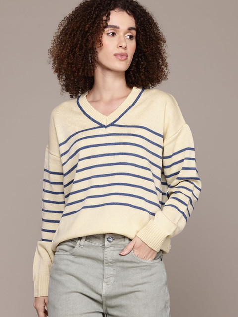 Roadster Striped V Neck Casual Women White Sweater