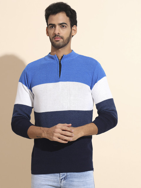 Fit N Fame Self Design Round Neck Casual Men Blue, White Sweater