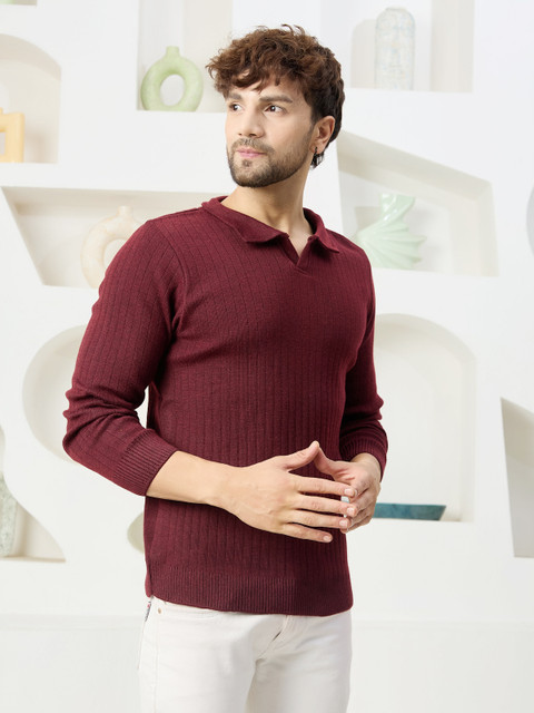 KVETOO Self Design Collared Neck Casual Men Maroon Sweater