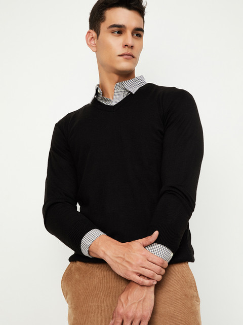 MAX Self Design V Neck Casual Men Black Sweater Buy MAX Self