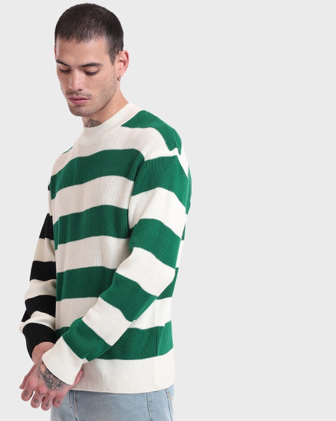 BEWAKOOF Striped Round Neck Casual Men Green Sweater