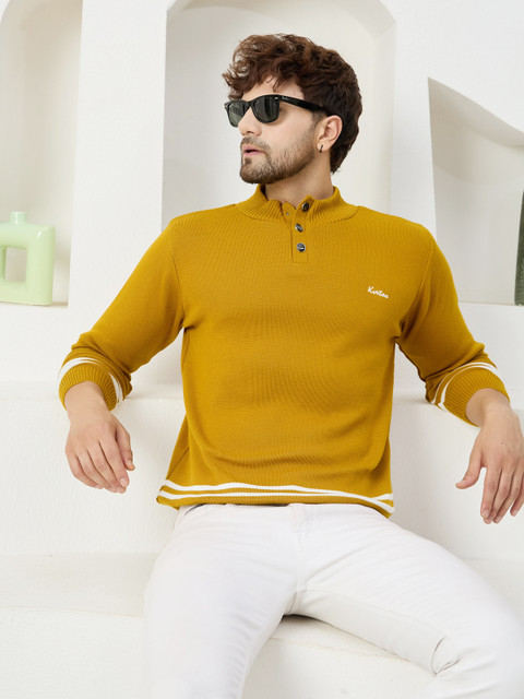 KVETOO Striped Round Neck Casual Men Yellow, White Sweater Buy
