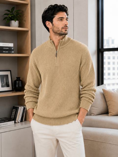 Libana Fashion Men Self Design High Neck Beige Sweater - Image 7
