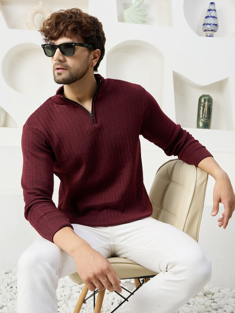 KVETOO Self Design High Neck Casual Men Maroon Sweater