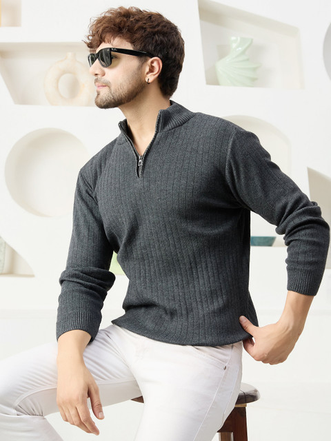 KVETOO Self Design High Neck Casual Men Grey Sweater