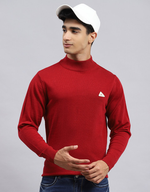 MONTE CARLO Solid High Neck Casual Men Red Sweater