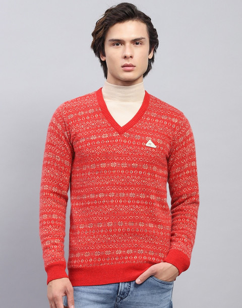 MONTE CARLO Printed V Neck Casual Men Red, Beige Sweater Buy