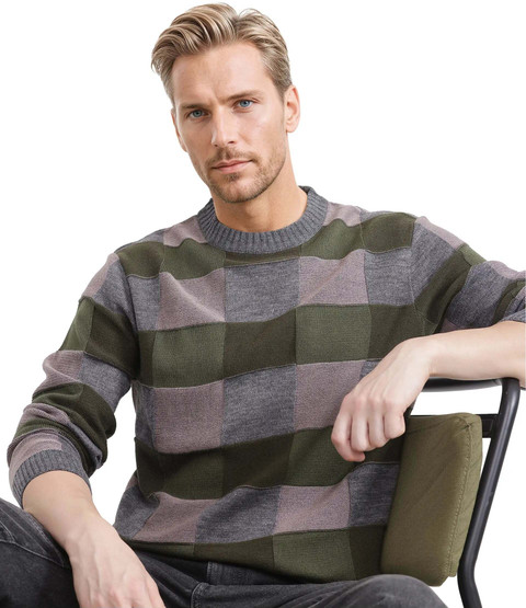 RARE RABBIT Checkered Crew Neck Casual Men Dark Green Sweater