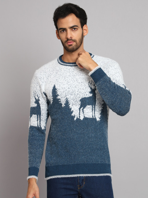 eWools Printed Round Neck Casual Men Blue, White Sweater