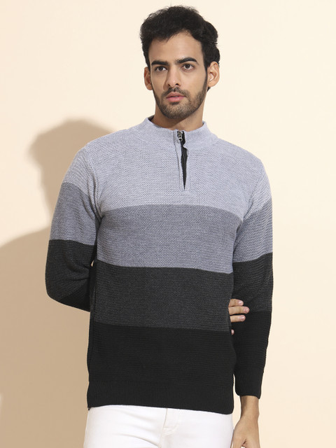 Fit N Fame Self Design Round Neck Casual Men Grey Sweater