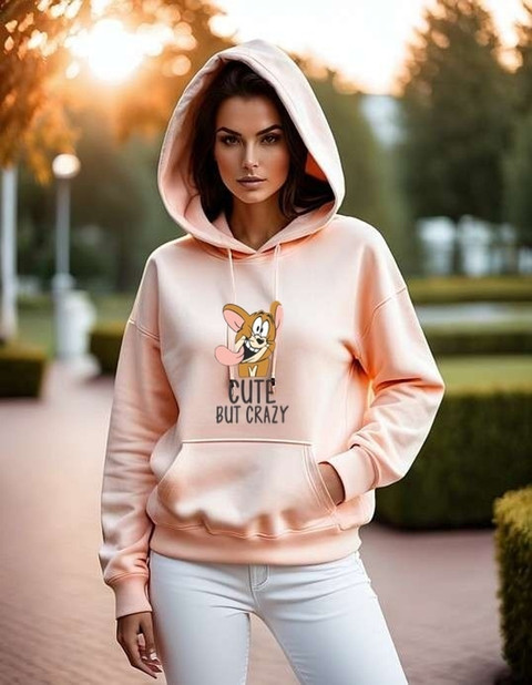 ClotheCraft Printed Hooded Neck Casual Women Pink Sweater