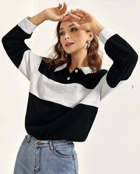 BLACK STUDIO Full Sleeve Color Block, Self Design Women Sweatshirt