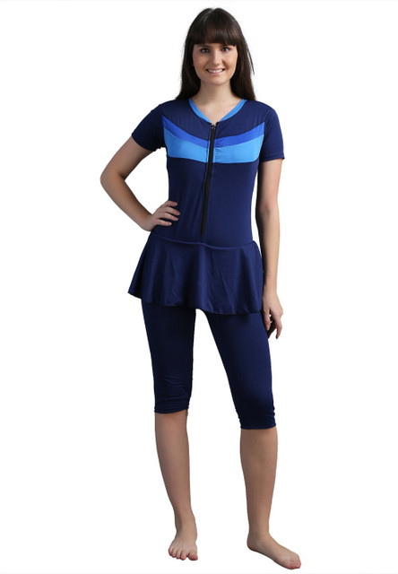 N-gal Front Zip Knee Length Padded One Piece Swimsuits Swimming Costume  Solid Women Swimsuit