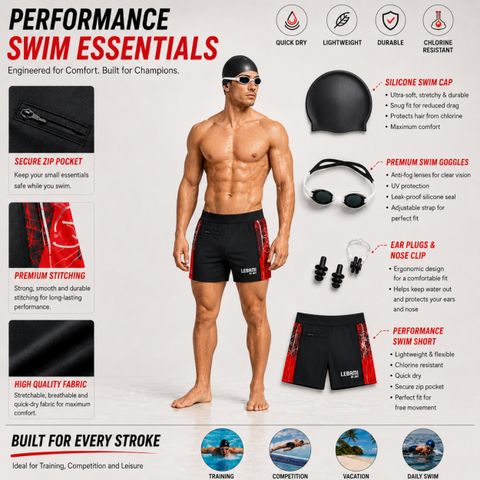 Lebami swimming costume men | Shorts | Trunk, 1 Goggles, 1 Cap, 2 Earplug & 1 Nose Clip Printed Men Swim-dress Black Swimsuit - Image 6