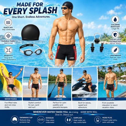 Lebami swimming costume men | Shorts | Trunk, 1 Goggles, 1 Cap, 2 Earplug & 1 Nose Clip Printed Men Swim-dress Black Swimsuit - Image 7