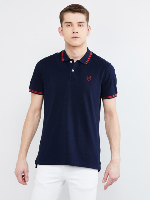 MAX Solid Men Polo Neck Blue T-Shirt