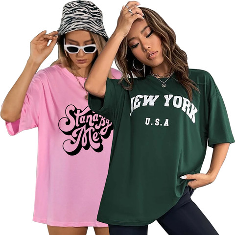 London Hills Printed Women Round Neck Dark Green, Pink T-Shirt