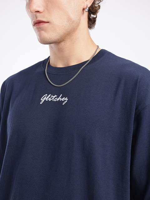 Glitchez Printed Men Round Neck Navy Blue T-Shirt - Buy Glitchez
