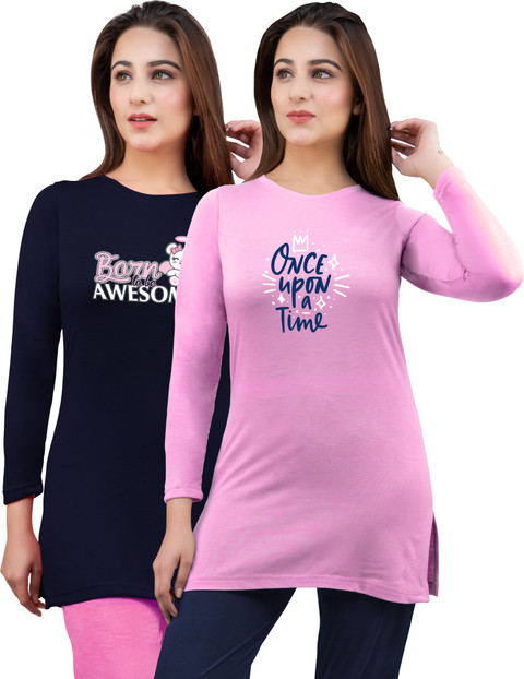 AMAHA Printed Women Round Neck Dark Blue, Pink T-Shirt