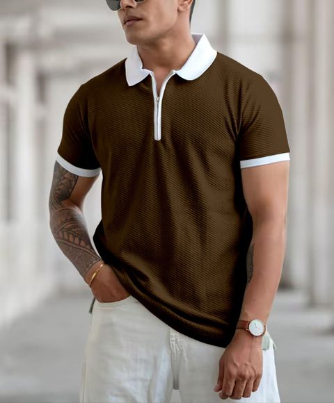 COMBRAIDED Men Brown Self Design Polo Neck T-Shirt - Image 8
