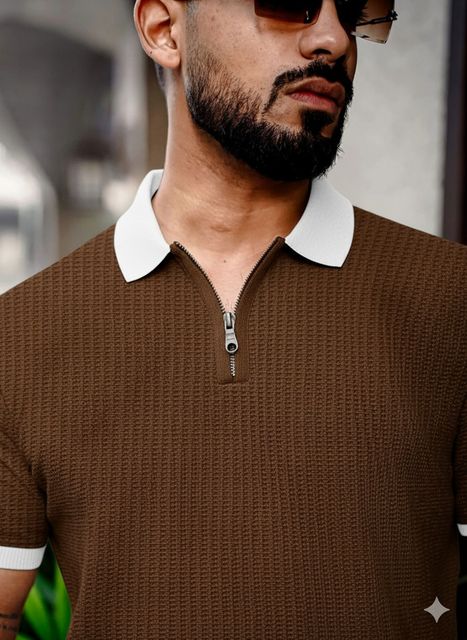METRONAUT Men Brown Colorblock Zip Neck Viscose Rayon T-Shirt - Image 8