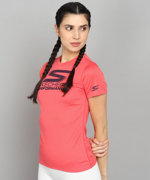 Skechers Solid Women Crew Neck Orange T-Shirt