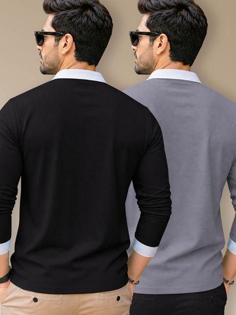 VeBNoR Pack of 2 Men Self Design Polo Neck Polyester Black, Grey T-Shirt - Image 6