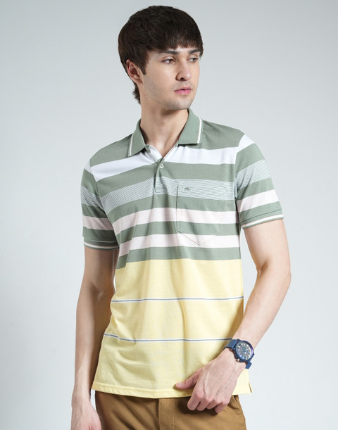 MONTE CARLO Striped Men Polo Neck Green T-Shirt