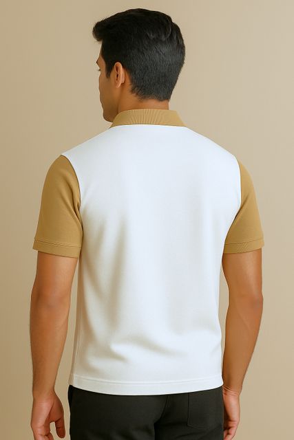 Try This Men Colorblock Polo Neck Cotton Blend T-Shirt (White, Brown) - Image 6
