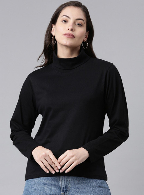 Kryptic Solid Women High Neck Black T-Shirt