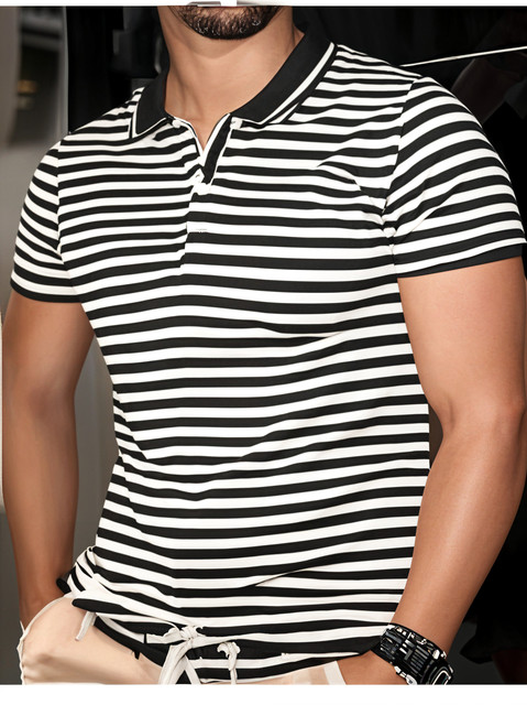 MACK JONNEY Striped Men Polo Neck Black T-Shirt