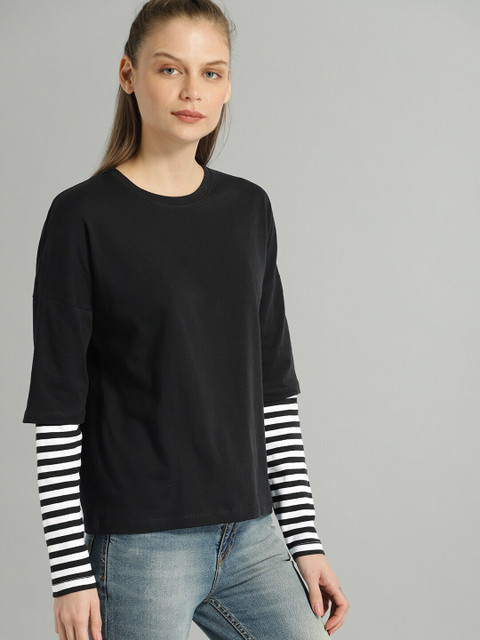 Roadster Solid Women Round Neck Black T-Shirt