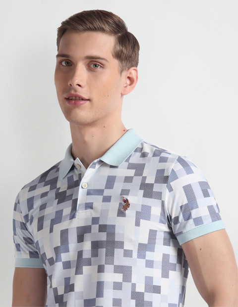 Polo Denim Checkered Men Polo Neck Blue T-Shirt