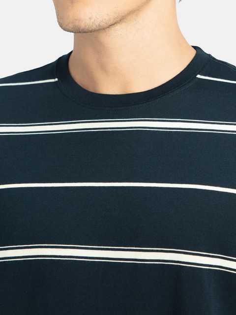 JOCKEY 2715 Men Striped Round Neck Cotton Blend Navy Blue T-Shirt - Image 7