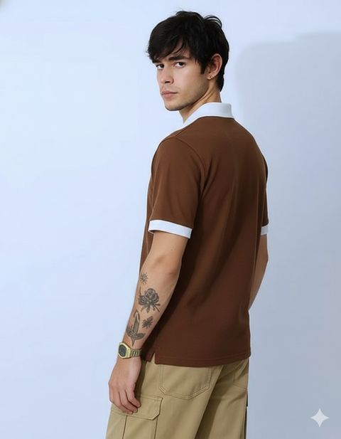 METRONAUT Men Brown Colorblock Zip Neck Viscose Rayon T-Shirt - Image 6