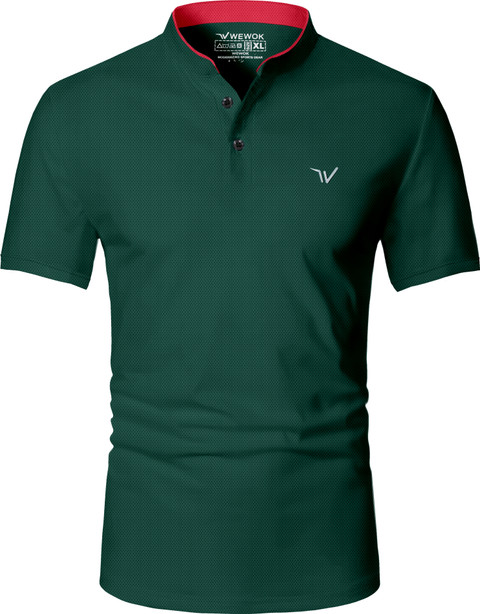 Solid Men Polo Neck Dark Green T-Shirt
