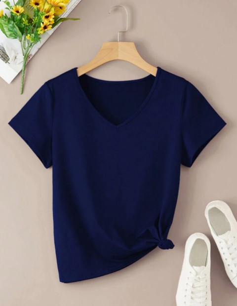 Nilan Tees Wear Solid Women V Neck Navy Blue T-Shirt