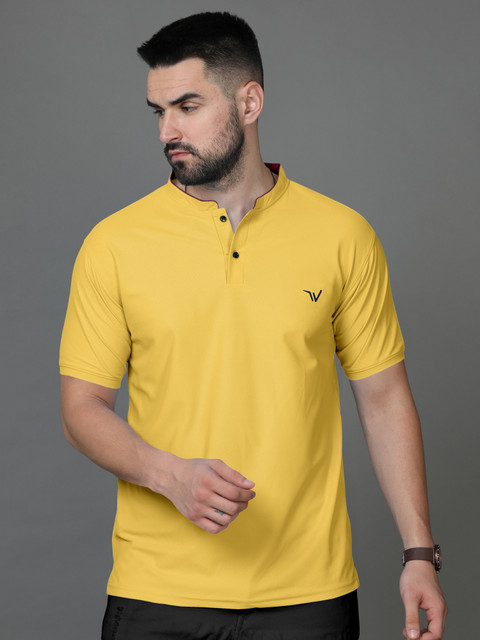 MENTIFIC Solid Men Mandarin Collar Yellow T-Shirt