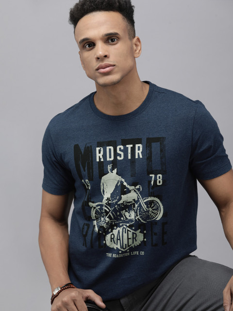 Roadster Printed, Typography Men Round Neck Navy Blue T-Shirt